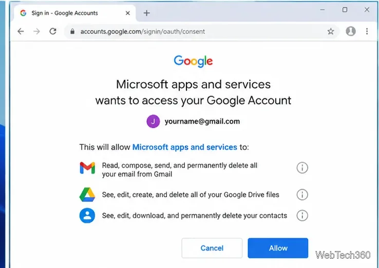 Страница согласия на доступ к учетной записи Google, на которой отображаются приложения и службы Microsoft, запрашивающие доступ к учетной записи.