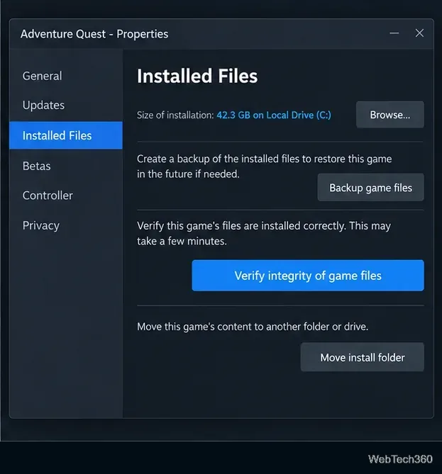 Вкладка «Установленные файлы» в свойствах Steam с кнопкой «Проверить целостность игровых файлов».