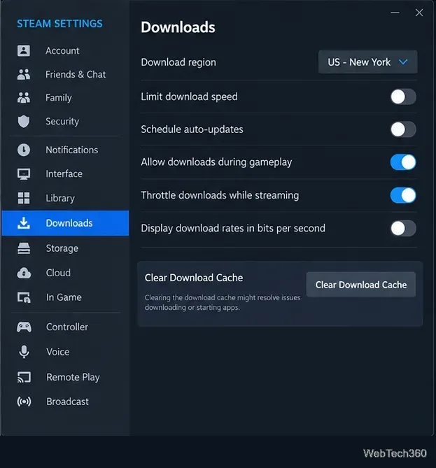 Страница загрузок в настройках Steam с возможностью очистки кэша загрузок.