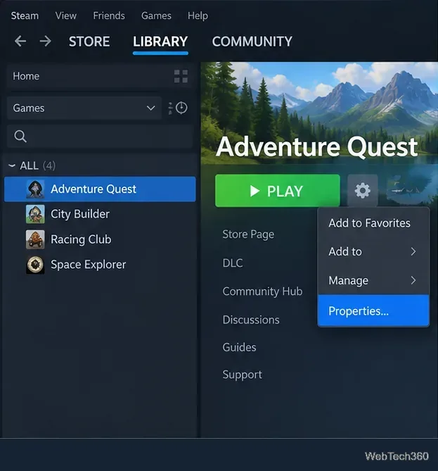 В библиотеке Steam выбрана игра, открыта опция «Свойства».