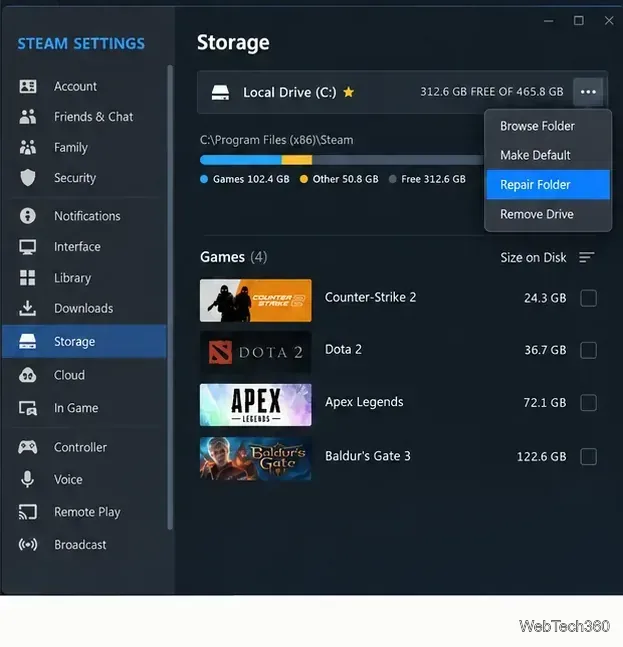 Страница «Хранилище» в настройках Steam с выбранной папкой восстановления.