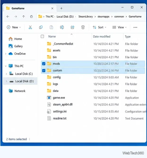 Проводник Windows показывает папки с модами и пользовательскими папками внутри каталога игры Steam.