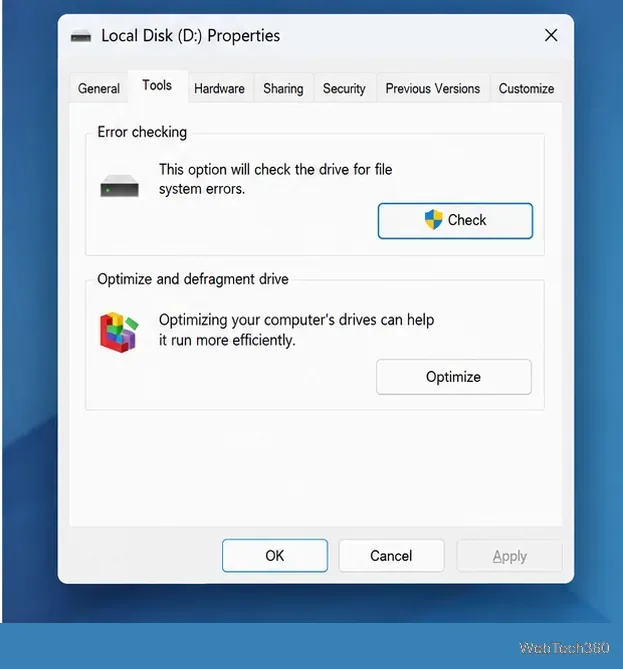 Вкладка «Средства» в свойствах диска Windows с кнопкой «Проверка ошибок».