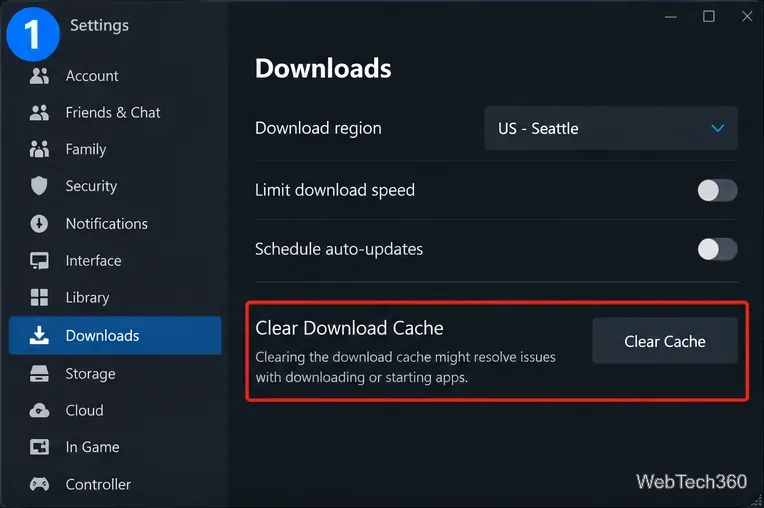 Steam Settings Downloads page showing the Clear Download Cache control