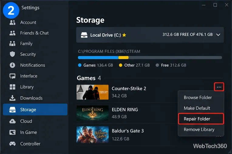 Steam Storage settings showing the Repair Folder option for a game library