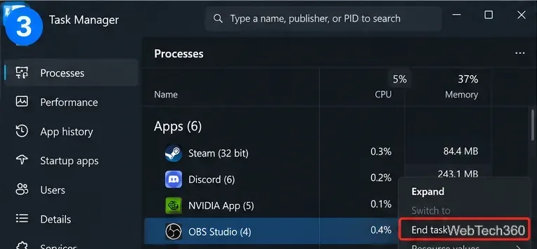 Windows Task Manager showing a non-essential background application selected with End task highlighted