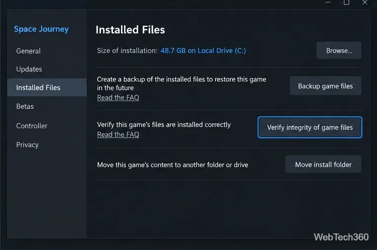 Steam game Properties window open to Installed Files with Verify integrity of game files highlighted