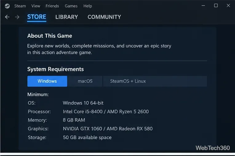 Example Steam store page showing minimum system requirements for a game