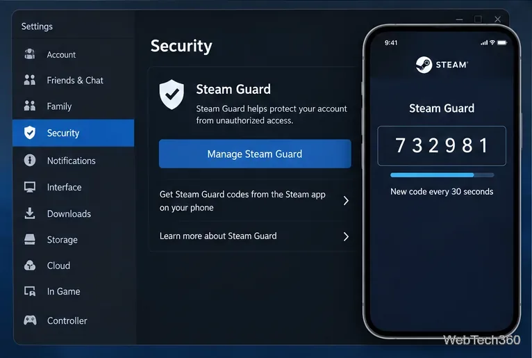 Steamセキュリティ設定画面(Steam Guardの管理画面)と、現在のSteam Guardコードが表示されたスマートフォン。