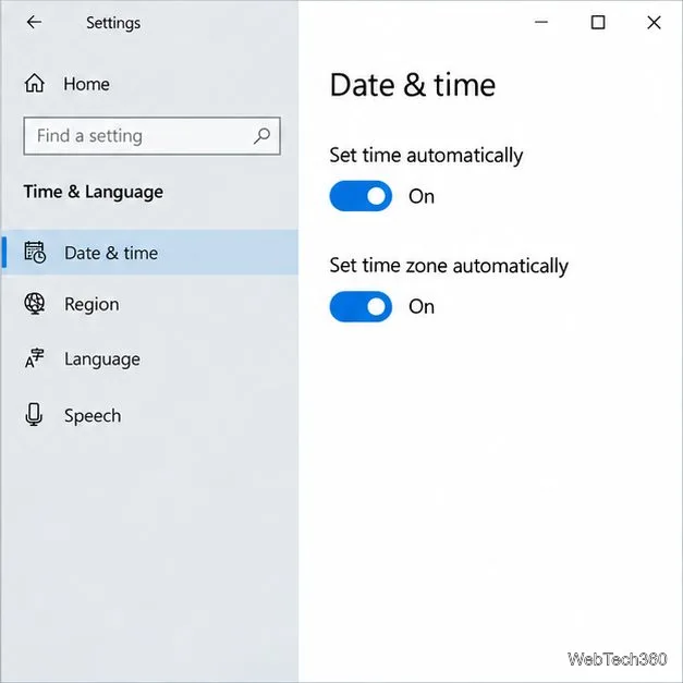 Configurações de data e hora do Windows 10 com hora e fuso horário automáticos ativados.