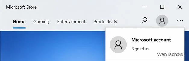 Menu de perfil da Microsoft Store mostrando uma conta Microsoft conectada.
