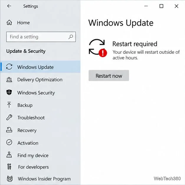 A página do Windows Update do Windows 10 exibe o status "Reinicialização necessária" e o botão "Reiniciar agora".