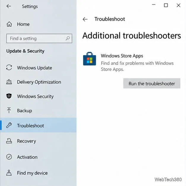 Página de soluções de problemas adicionais do Windows 10 com aplicativos da Windows Store e um botão "Executar a solução de problemas".