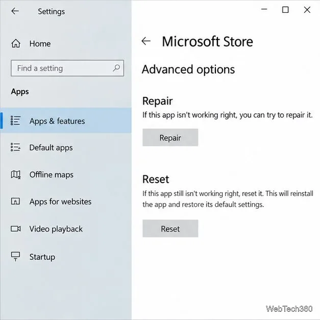 Página de opções avançadas da Microsoft Store do Windows 10 mostrando os botões Reparar e Restaurar.
