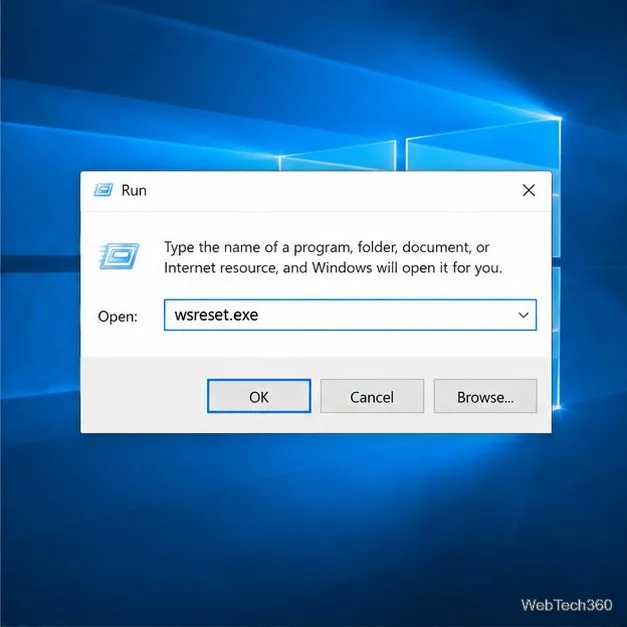 Diálogo Executar do Windows com wsreset.exe inserido no campo Abrir.