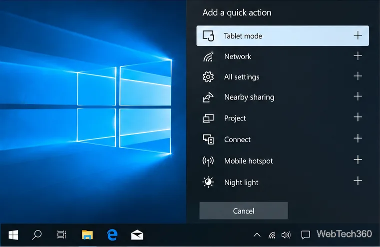Windows 10: Добавить панель быстрых действий, в которой режим планшета будет указан как элемент, который можно добавить.