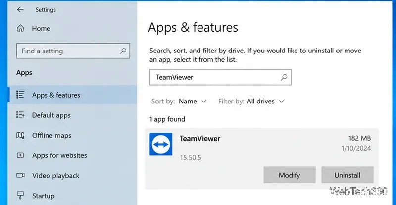 Windows 10-Seite „Apps und Features“ mit ausgewähltem TeamViewer und sichtbarer Schaltfläche „Deinstallieren“