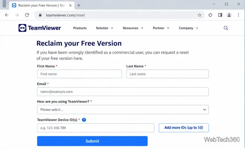 TeamViewer-Formular zur Rückforderung Ihrer kostenlosen Version mit Feldern für Kontodetails und Geräte-IDs