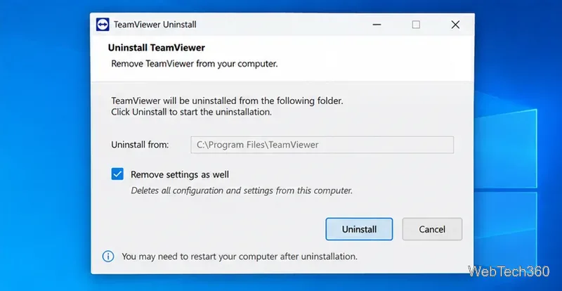 TeamViewer-Deinstallationsdialog mit der Option „Einstellungen ebenfalls entfernen“ unter Windows