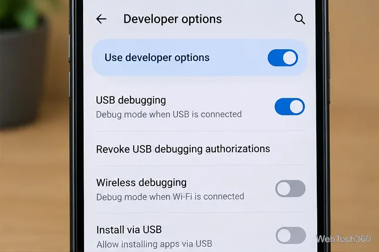 Android Developer options screen with USB debugging enabled and Revoke USB debugging authorizations visible