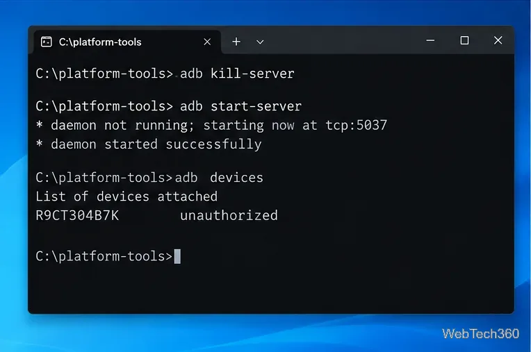 Windows terminal showing adb kill-server, adb start-server, and an unauthorized device in adb devices output