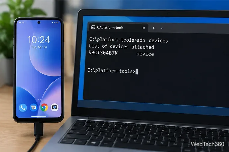 Android phone connected by USB to a Windows laptop with adb devices showing device status
