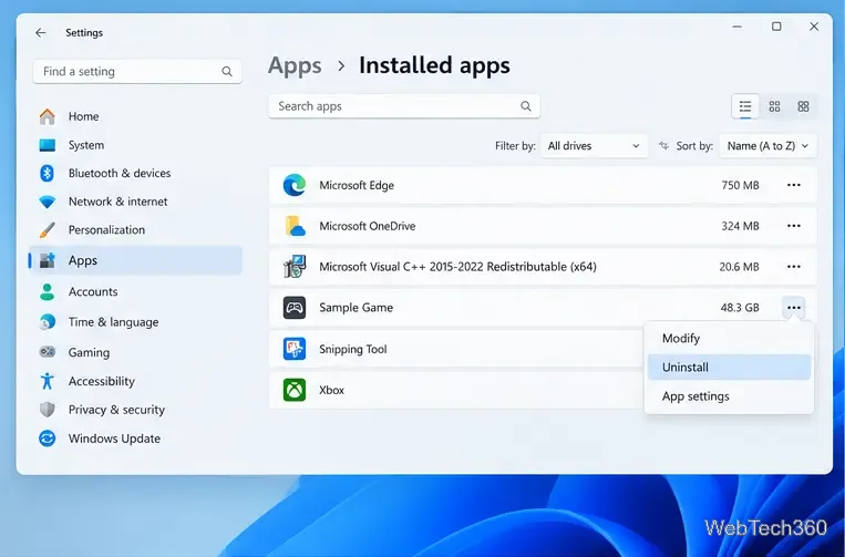 Pagina cu aplicațiile instalate din Windows 11, cu opțiunea de dezinstalare selectată pentru jocul afectat.