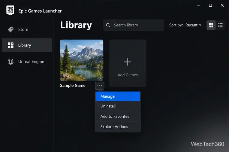 Meniul Bibliotecă al lansatorului Epic Games cu opțiunea Gestionare selectată pentru Joc exemplu.