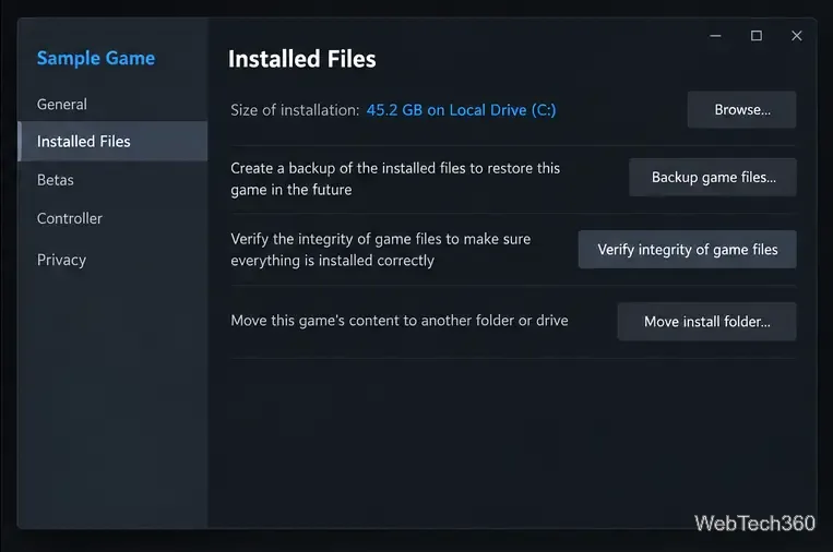 Fila Fișiere instalate pe Steam afișează butonul Verificare integritate fișierelor de joc.