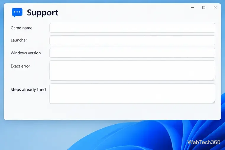 Un formular de asistență pentru editori cu câmpuri pentru numele jocului, programul de lansare, versiunea Windows, eroarea exactă și pașii deja încercați.