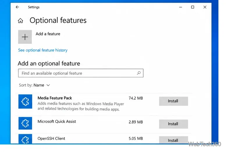На странице дополнительных компонентов Windows 10 отображается возможность установки пакета мультимедийных функций.
