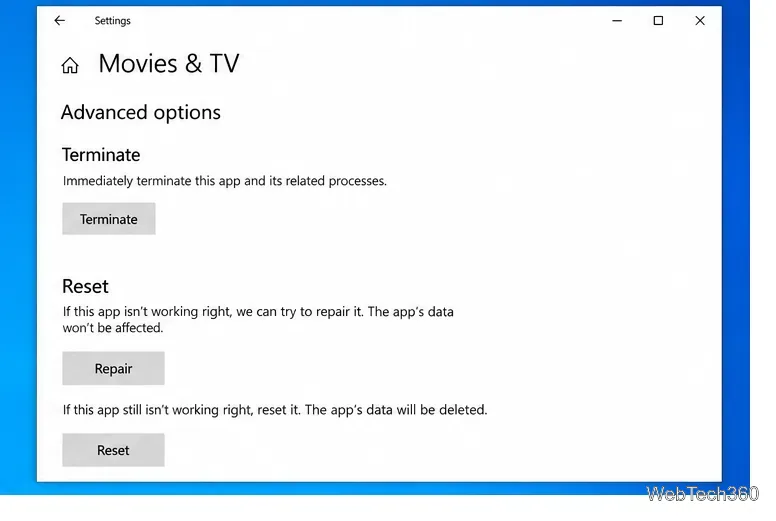 На странице «Дополнительные параметры» приложения «Фильмы и ТВ» в Windows 10 отображаются элементы управления «Восстановление» и «Сброс».