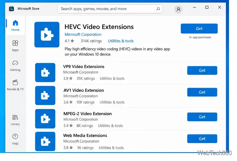 На странице Microsoft Store представлен список расширений видеокодеков, включая HEVC, VP9, ​​AV1, MPEG-2 и Web Media.