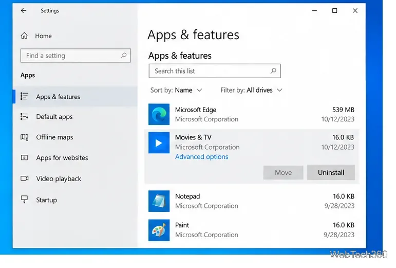 Страница приложений и функций Windows 10 с выбранными фильмами и сериалами.