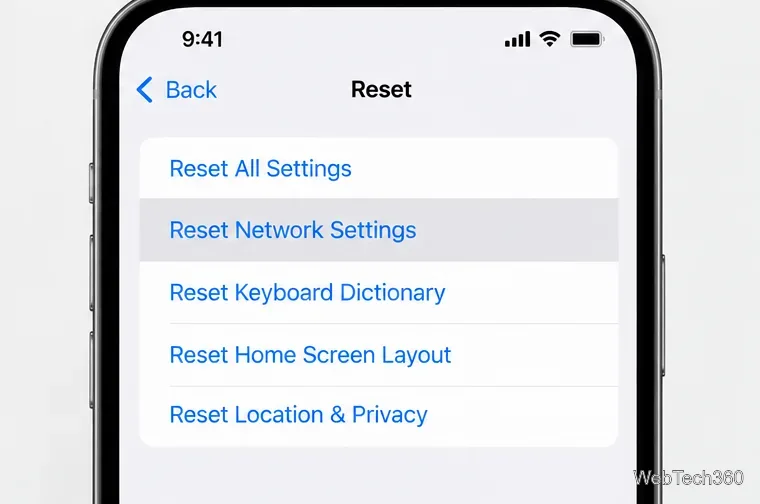 Illustrazione del menu di ripristino dell'iPhone con l'opzione "Ripristina impostazioni di rete" evidenziata.