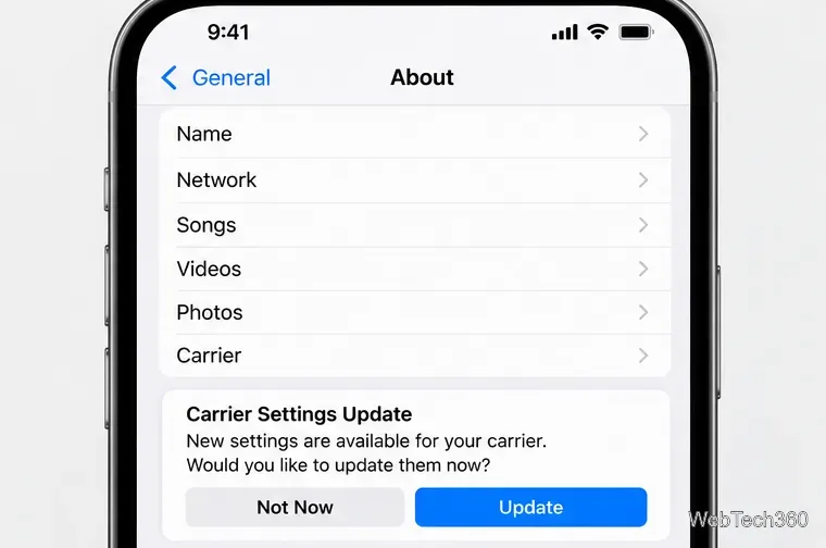 Illustrazione delle impostazioni "Informazioni" dell'iPhone che mostra una richiesta di aggiornamento delle impostazioni dell'operatore con un pulsante "Aggiorna".
