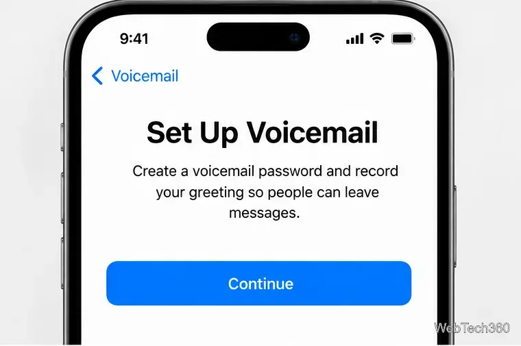 Illustrazione della configurazione della segreteria telefonica su iPhone che mostra la richiesta di creare una password e un messaggio di benvenuto per la segreteria telefonica.