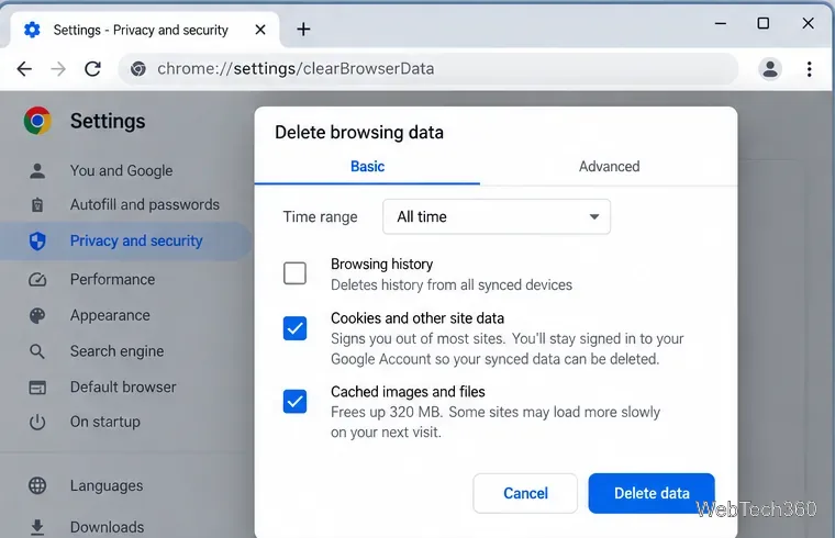 Cuadro de diálogo de Chrome para eliminar datos de navegación con las cookies y los archivos en caché seleccionados.