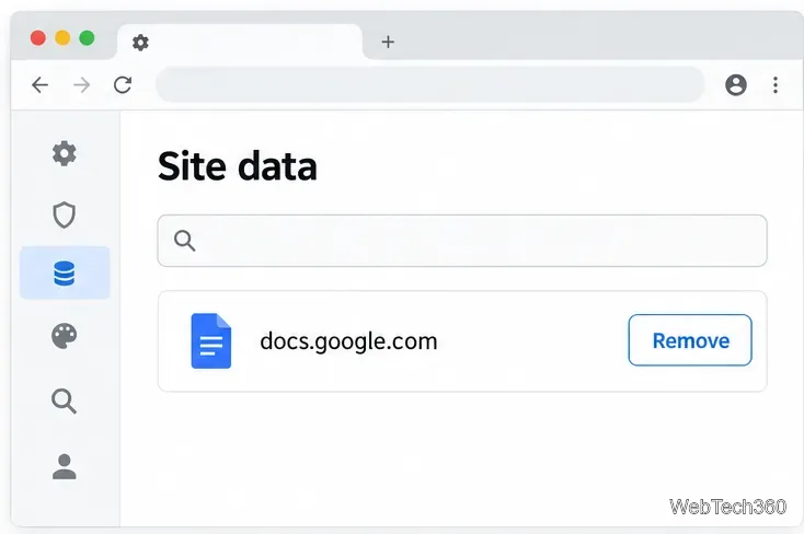 إعدادات بيانات موقع المتصفح مع تحديد docs.google.com للإزالة.