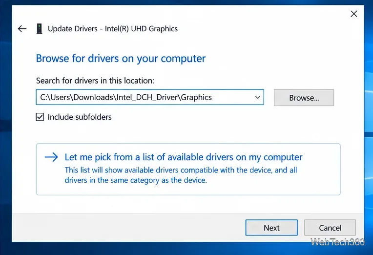 В Windows 10 в диалоговом окне «Поиск драйверов на компьютере» указывается папка с извлеченным драйвером Intel DCH Graphics.