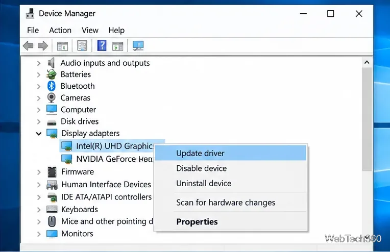 В диспетчере устройств Windows 10 в разделе «Видеоадаптеры» выбрана графика Intel UHD Graphics, и выделена опция «Обновить драйвер».