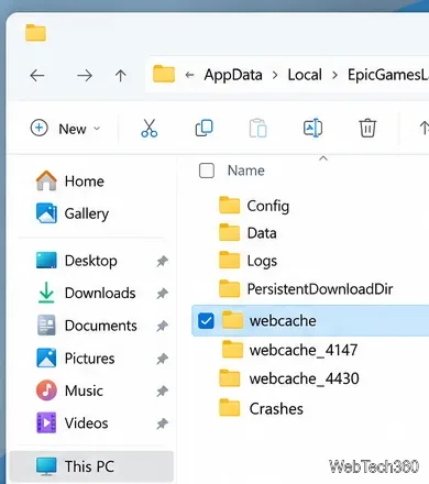 File Explorer showing the EpicGamesLauncher Saved folder and webcache folders to remove