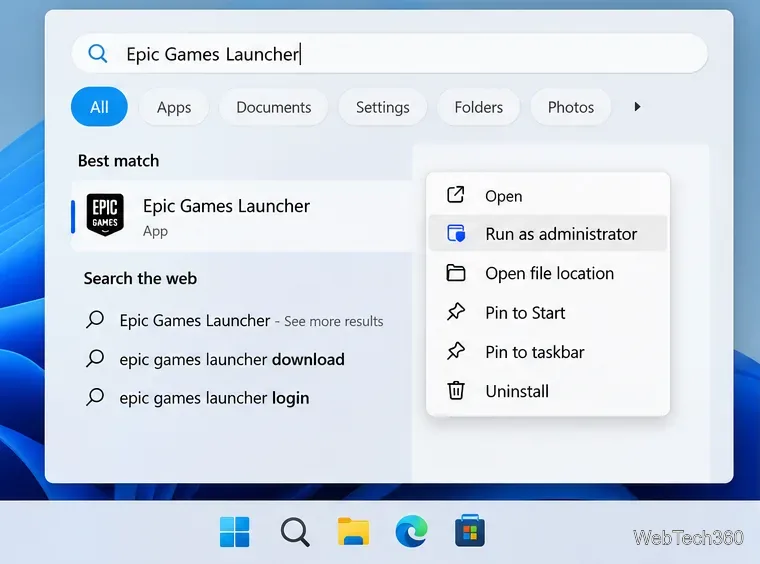 Windows 11 search result for Epic Games Launcher with Run as administrator selected