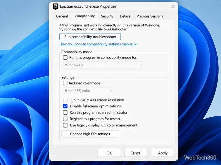 EpicGamesLauncher executable Compatibility tab with Disable fullscreen optimizations enabled