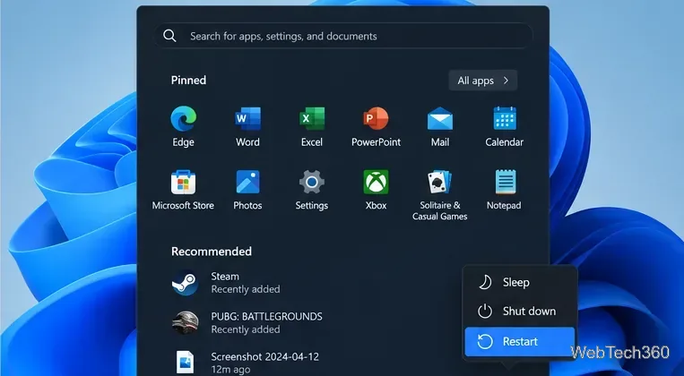 O menu de energia do Windows 11 está aberto com a opção Reiniciar selecionada.