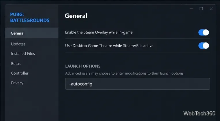 As propriedades do PUBG: BATTLEGROUNDS mostram apenas -autoconfig nas opções de inicialização.