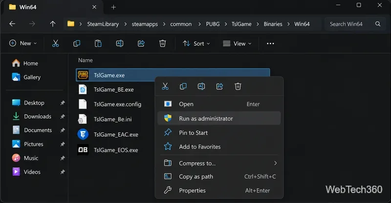 O Explorador de Arquivos mostra o arquivo TslGame.exe em uma pasta Win64 com a opção "Executar como administrador" selecionada.