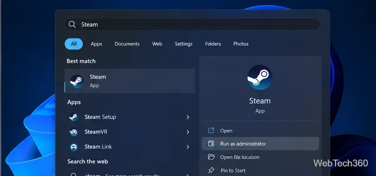 Ao pesquisar "Steam" no Windows, o menu de contexto exibe a opção "Executar como administrador".