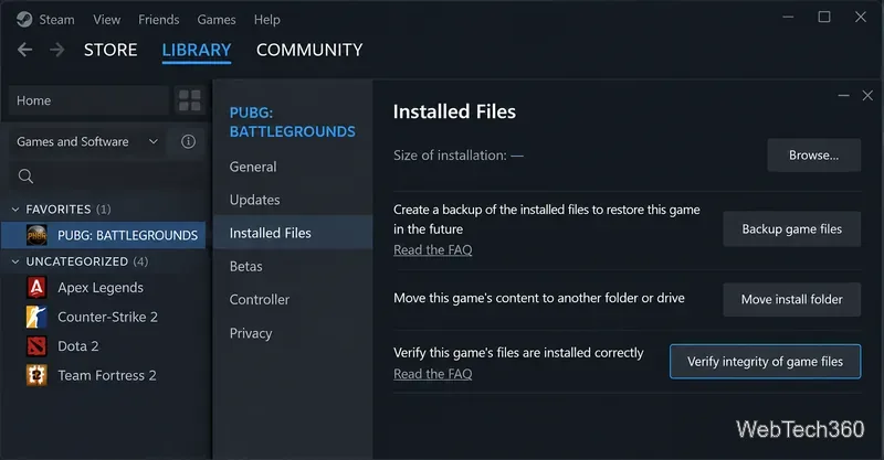 A aba "Arquivos Instalados" do Steam para PUBG exibe o botão "Verificar integridade dos arquivos do jogo".