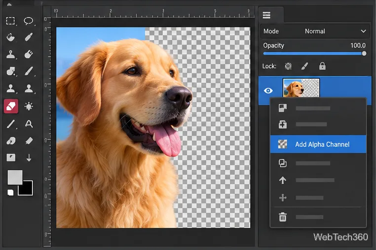 Editor no estilo GIMP com a opção "Adicionar Canal Alfa" destacada e transparência quadriculada na tela.